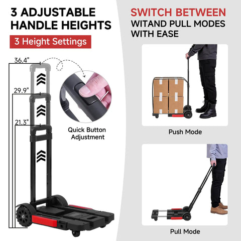 Heavy Duty Folding Hand Truck And Portable Utility Cart With 220 Pound Capacity showcasing 3 adjustable heights and push-pull modes.