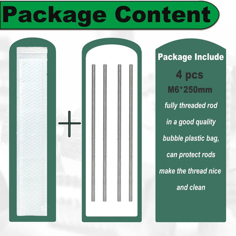 Heavy Duty Fully Threaded Rod Set 6 mm M6 1.0 Pitch 250 mm Long All Thread Rods 304 Stainless Steel Right Hand Threads 4 Pack Replacement For Lawn Mower Carburetor Bolts And Everyday Hardware packaged in plastic bag