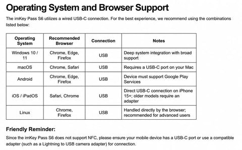 Operating system and browser support table for Ironclad Fingerprint Security Key With Fido2 Certified Biometrics And Type C Design.
