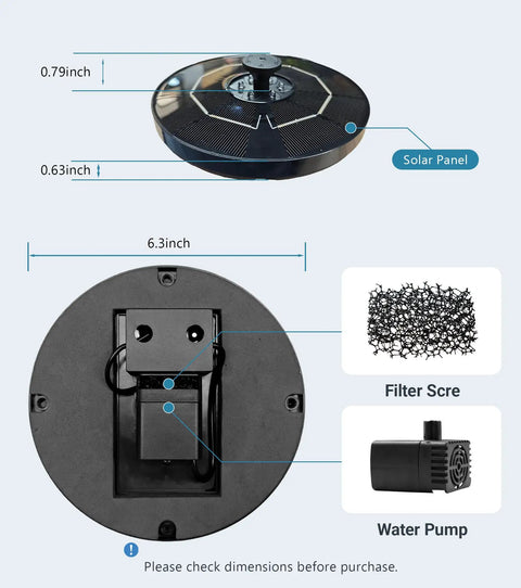 Solar Bird Bath Fountain With LED Lights And Battery Backup No Fuss Floating 6.3 Inch Pump For Pond Garden And Outdoor Decor 9V2W Panel 5 Nozzles Powerful Water Spray Works On Cloudy Days, showing solar panel and pump dimensions