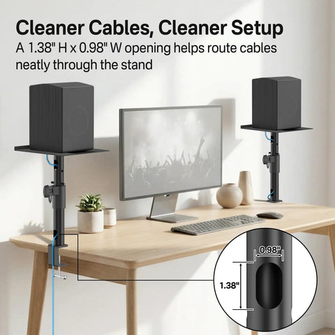 Heavy Duty Clamp On Desk Speaker Stands Pair With Height And Angle Adjustable Platforms Built In Cable Management And Headset Hook