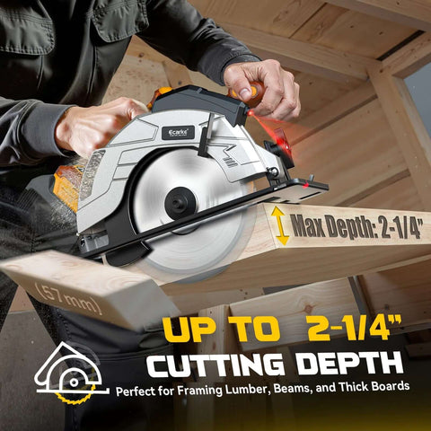 Ecarke cordless circular saw side view with laser guide; 7-1/4-inch blade cutting lumber (max depth 2-1/4 in)