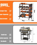 Comparison of large rolling power tool storage cart with four-tier drill organizer, pro-grade mobile cordless tool rack, and smaller stationary rack.
