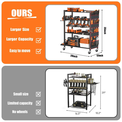 Comparison of large rolling power tool storage cart with four-tier drill organizer, pro-grade mobile cordless tool rack, and smaller stationary rack.