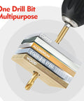 WORKPRO 9-piece 1/4-inch hex-shank titanium HSS drill bit set, front view with metal and wood labels.