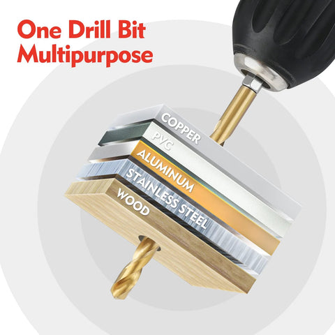 WORKPRO 9-piece 1/4-inch hex-shank titanium HSS drill bit set, front view with metal and wood labels.
