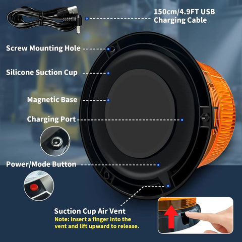 Beefy Magnetic Amber Strobe Light Beacon with USB fast charge, silicone suction cup, charging port, and magnetic base.