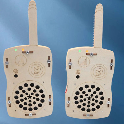 DIY Walkie Talkie Kit For Kids And Teens Hands On Electronics STEM Project with wooden radios front view