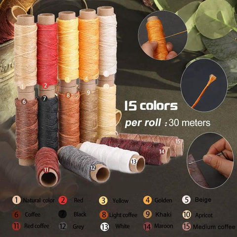 15 colored waxed threads for Leather Working Tools Kit For Beginners And Hobbyists, shown in natural tones and vibrant hues
