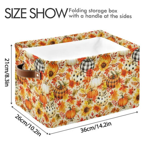 Totally Solid Fall Pumpkin Floral Collapsible Storage Basket With Real Smooth Faux Leather Handles And Water Resistant Fabric 21x26x36cm