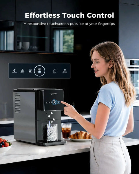 Countertop Nugget Ice Maker With Touchless Dispenser 40 Lbs Daily Output Portable Beverage Chiller in black with touchscreen.