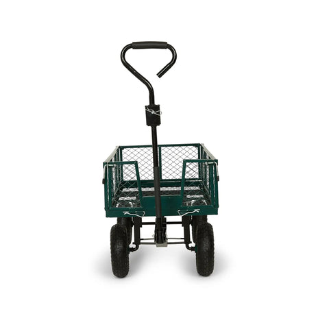 Front view of Heavy Duty Garden Cart 400 Lb Utility Wagon with removable mesh sides and flatbed conversion, pull handle visible.