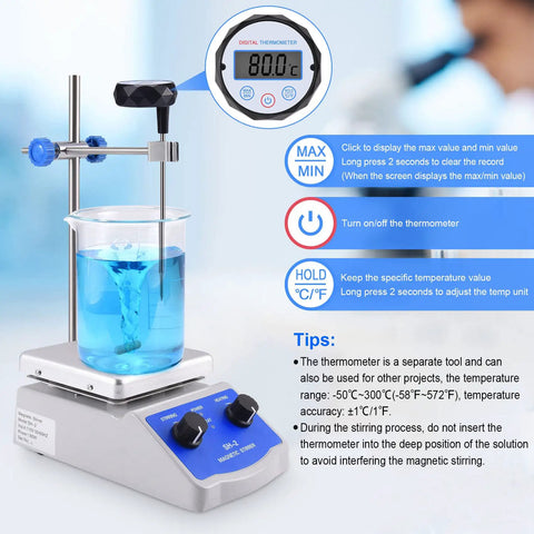 Magnetic Stirrer Hot Plate Mixer With Thermometer And 2000 RPM Stirring, Heats Up To 520 Fahrenheit Fast, Includes Stir Bar And Support Stand For Easy Lab Setups, white lab unit with beaker