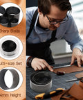 Leather Circle Cutter Tool Set With 7 Sizes 20mm To 50mm, high-carbon steel blades showcased with leatherworker at table.