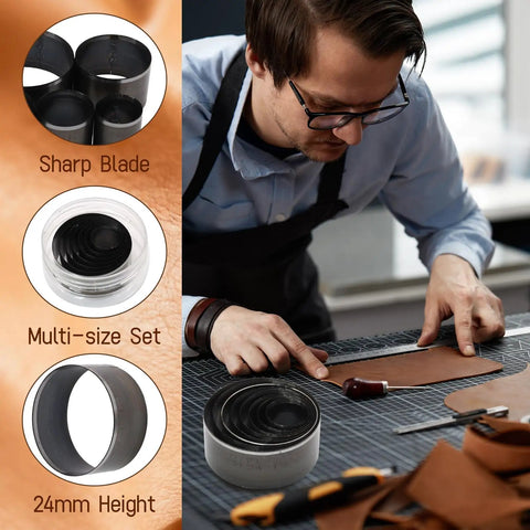 Leather Circle Cutter Tool Set With 7 Sizes 20mm To 50mm, high-carbon steel blades showcased with leatherworker at table.