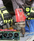 Anti Vibration Oil Proof Cut Resistant Safety Work Glove With Full Finger Design Yellow Nylon HPPE Glass Fiber Seamless Knit Liner And Sandy Nitrile Palm For All Day Grip Large in use holding a drilling machine