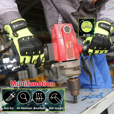 Anti Vibration Oil Proof Cut Resistant Safety Work Glove With Full Finger Design Yellow Nylon HPPE Glass Fiber Seamless Knit Liner And Sandy Nitrile Palm For All Day Grip Large in use holding a drilling machine