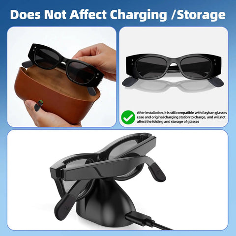 2 Pairs Eyeglass Ear Grips For Meta Smart Glasses Wayfarer Skyler Headliner Gen 2 on charging dock and case