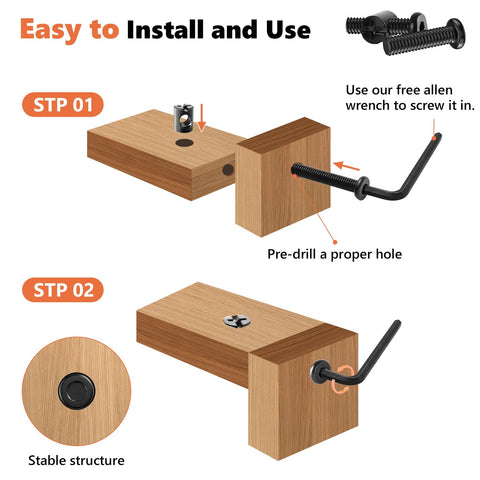 Diagram showing installation steps for 72 Piece Crib Screws Hardware Replacement Kit For Baby Bed Frames With Hex Drive Socket Cap Screws and Barrel Nuts.
