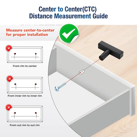 Center to Center Distance Measurement Guide for Knockout Matte Black Square Cabinet Pulls Single Hole Kitchen Drawer And Door Hardware.