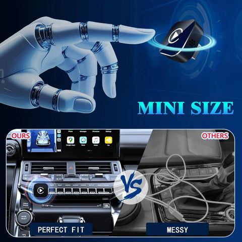 Upgrade Your Daily Grind With This Legit Wireless CarPlay Dongle For Tesla Cybertruck 2024 showcasing mini size in dashboard vs messy cables.