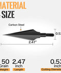 Diagram of Beefy 150 Grain Steel Broadheads For Compound Recurve Bow And Crossbow showing dimensions and carbon steel material