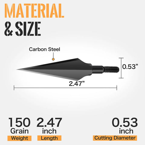 Diagram of Beefy 150 Grain Steel Broadheads For Compound Recurve Bow And Crossbow showing dimensions and carbon steel material