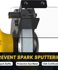 Powerful 4.8 Amp Three Quarters Horsepower 8 Inch Bench Grinder With 3600 RPM showing protective eye mask and spark baffle