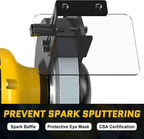 Powerful 4.8 Amp Three Quarters Horsepower 8 Inch Bench Grinder With 3600 RPM showing protective eye mask and spark baffle