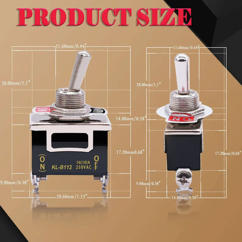 Dimensions of Three Pack Heavy Duty Toggle Switches 16A 250V AC SPST Two Pin Momentary On Off with Waterproof Metal Boot Cap Cover