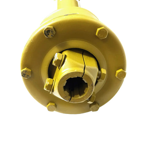 Close-up view of yellow end of Beefy 41 Lb 3 Point PTO Shaft With Slip Clutch For Rotary Tillers One And Three Eighths Inch 6 Spline