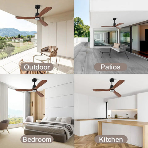 52 Inch Ceiling Fan With Lights And Remote Walnut Wood Blades 3 Blade Indoor Outdoor Fan for Bedroom, Patio, Kitchen, and Farmhouse