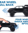 1/24 Diecast Pickup Truck Toy With Light And Sound, Pull Back Action Metal Truck For Kids And Collectors, Black Mammoth Model highlighting pull-back mechanism and shock absorption.