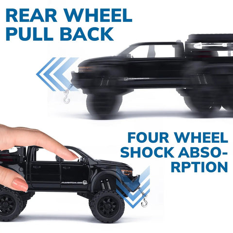 1/24 Diecast Pickup Truck Toy With Light And Sound, Pull Back Action Metal Truck For Kids And Collectors, Black Mammoth Model highlighting pull-back mechanism and shock absorption.