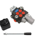 Hydraulic control valve with joystick, 2-spool, 11 GPM; black valve body with red port plugs and silver fittings