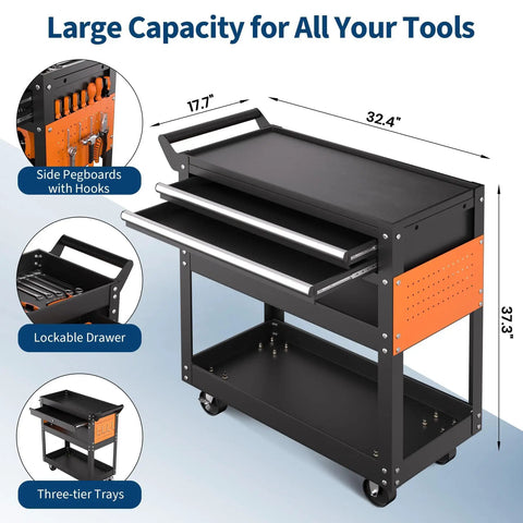 Beefy Five Tier Rolling Tool Cart On Wheels With 400 Lbs Capacity, Lockable Drawers, Side Pegboards With Adjustable Hooks