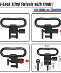 Tri-Lock sling swivels with studs for shotgun, showing dimensions and locking mechanism