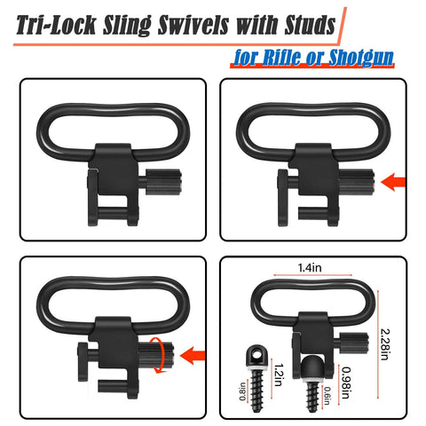 Tri-Lock sling swivels with studs for shotgun, showing dimensions and locking mechanism