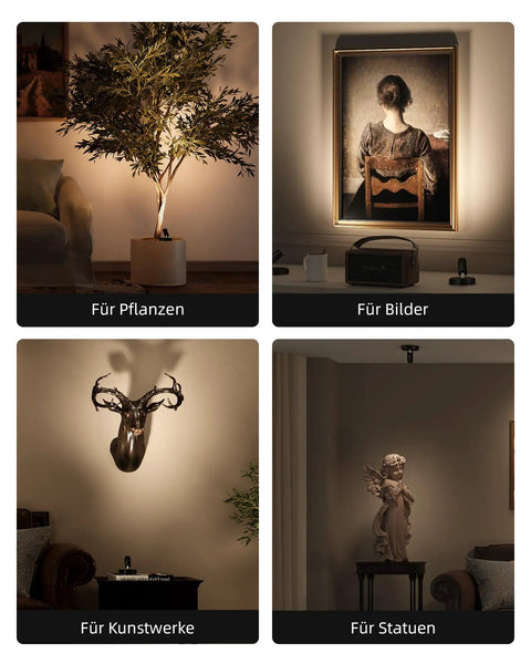 Cordless Indoor Spotlight Kit With Remote, 5500mAh Rechargeable Battery shown illuminating a plant, painting, deer head, and statue.