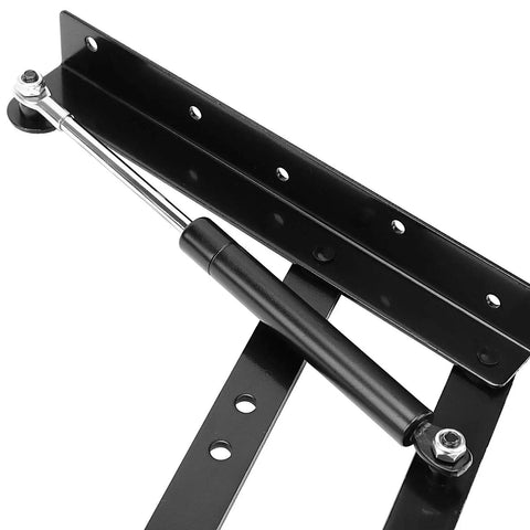 Heavy Duty 150N Kickback Lift Hinge For Solid Oak Coffee Tables Rustproof Steel Furniture Hardware close-up view with mounting holes.