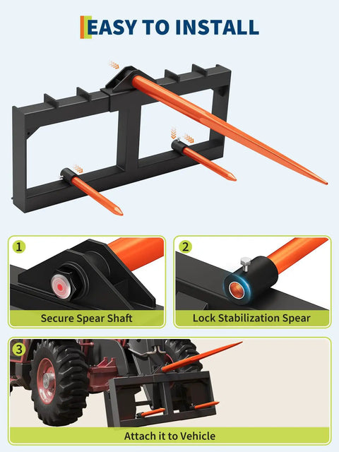 49 Inch Hay Spear With 3000 Lbs Capacity Orange Powder Coated Bale Fork For Tractors And Skid Steer Loaders installation guide