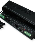 Universal Telephone Interface For Easy One Way Paging And Background Music Dual Audio Outputs, black with connectors.