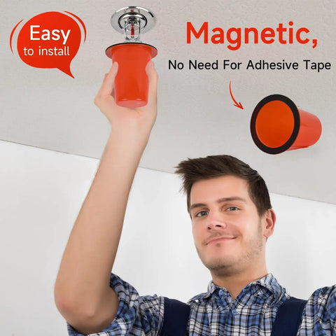Person installing 15 Pack Fire Sprinkler Covers With Super Strong Magnet orange cap on ceiling, demonstrating easy magnetic installation.