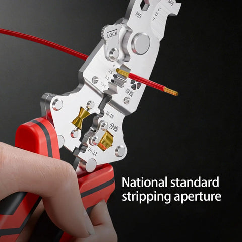 Heavy Duty 12 in One Multi-Tool Wire Stripper For Car Wiring And Electric Jobs Folding Crimping Pliers close-up showing national standard stripping aperture.