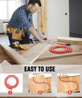 Carpenter using 39 Inch Flexible Router Template for Edge Profiling on wood piece, with red edge guide jig visible on workbench.