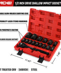 1/2 Inch Drive Impact Socket Set Metric with 10-Inch 72-Tooth Quick-Release Ratchet in red case