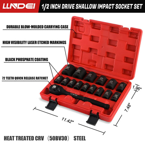 1/2 Inch Drive Impact Socket Set Metric with 10-Inch 72-Tooth Quick-Release Ratchet in red case