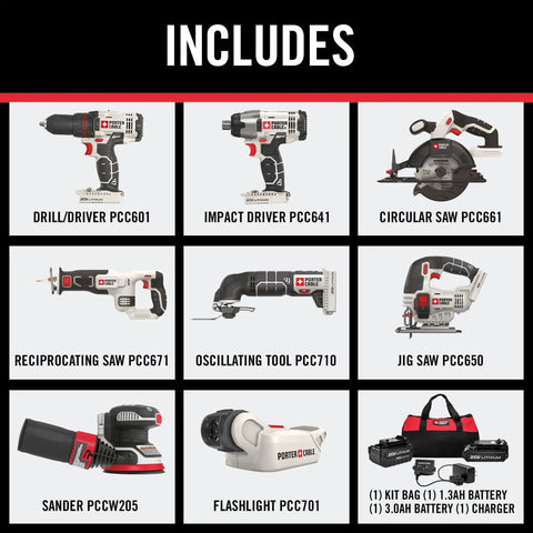 Killer 20V Max Lithium Eight Tool Combo Kit With Dual Batteries And Quick Charger features drill driver, impact driver, circular saw, jigsaw, and flashlight.