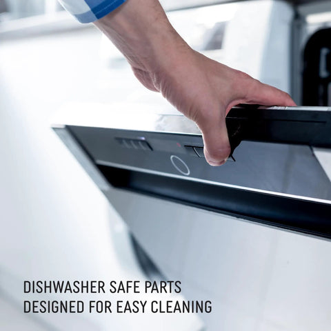 Hand opening dishwasher door, highlighting dishwasher safe parts for easy cleaning.