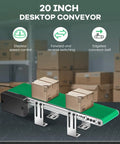 20 Inch desktop belt conveyor with PVC belt, reverse switch, and stepless speed control for packaging and production line use.